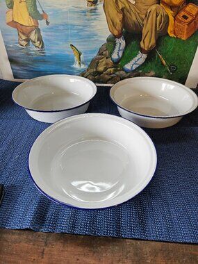 Vintage White Enamelware Bowls with blue trim